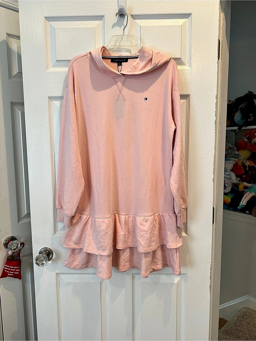 Tommy Hilfiger Tiered Hooded Sweatshirt Dress Pink Large